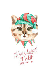 Watercolor cat illustration, cat breeds collection, Merry Christmas greeting card, cat in santa,elf hat,  clothes, funny character printable portrait, costume, New year,lettering, card design diy