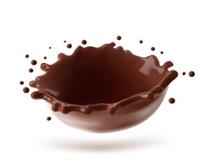 Realistic chocolate crown splash and drops. Vector illustration isolated on white background. Сan easily be used for different backgrounds. EPS10.	