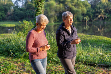 Family aunty, mom on holiday travel camper van walking drink morning coffee relaxation