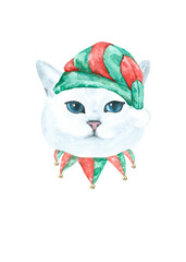 Watercolor cat illustration, cat breeds collection, Merry Christmas greeting card, cat in santa,elf hat,  clothes, funny character printable portrait, costume, New year,lettering, card design diy