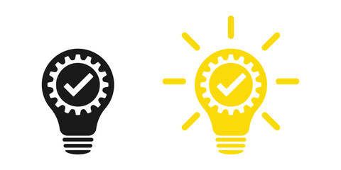 Lamp and gear with check mark. Set of illustrations