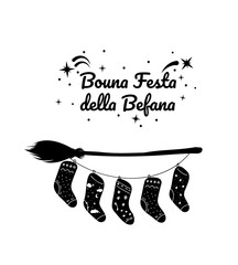 Buona Befana greeting card, festa della Epiphany, broomstick with socks