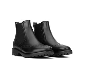 Black women's leather shoes on a white background. Fashion trend. Winter season half-boots.