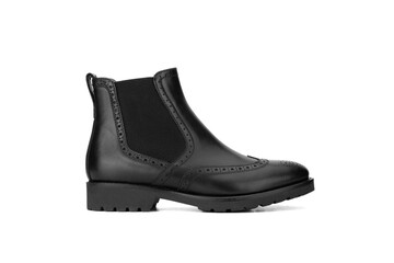 Black women's leather shoes on a white background. Fashion trend. Winter season half-boots.