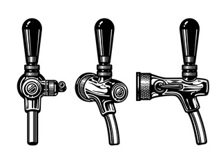 Beer tap front, side and three quarter view. Hnd drawn vector illustration isolated on white background.