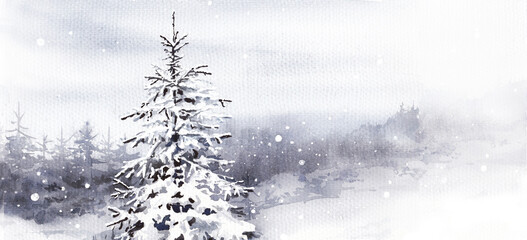  Christmas tree on  snowy plain.Watercolor illustration.