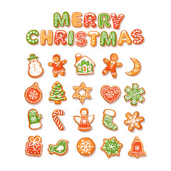 Big set of Christmas and New Year gingerbread cookies. Vector illustration isolated on white background.