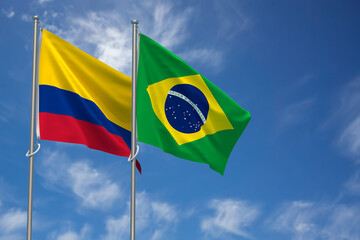 Republic of Colombia and Federative Republic of Brazil Flags Over Blue Sky Background. 3D Illustration
