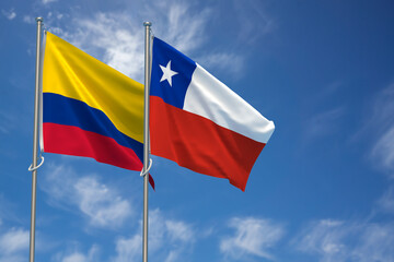 Republic of Colombia and Republic of Chile Flags Over Blue Sky Background. 3D Illustration