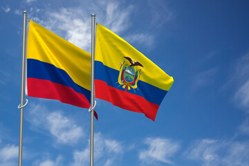 Republic of Colombia and Republic of Ecuador Flags Over Blue Sky Background. 3D Illustration