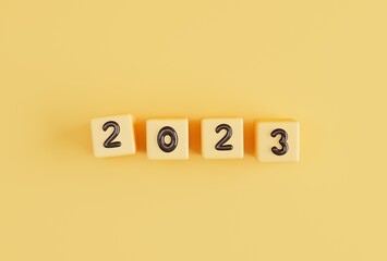 Cube turns from 2022 to 2023 on yellow background.3d illustration.