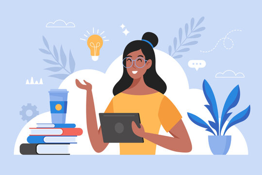 Distance Learning; Online Business Education Concept.  Modern Vector Illustration Of Woman With Digital Tablet And Books.