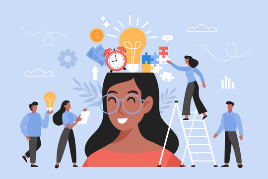 Brainstorming creative ideas business concept.  Modern vector illustration of project team leader thinking and searching for solutions