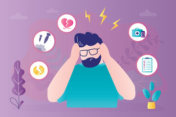 Various causes of stress, panic attack or overexertion. Sad guy with mental problems. Unhappy man holding sore head. Psychological pressure infographic. Stress burden, burnout.