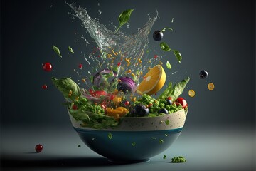 Fresh vegetables,  in a bowl and splashes of water. High resolution 