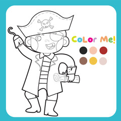 Coloring pirate worksheet for children. Educational printable worksheet. Cute pirate illustration. Vector file for coloring sheet.