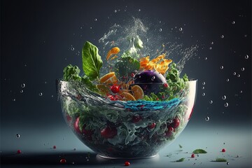 Fresh vegetables, a bowl and splashes of water. High resolution © GHart
