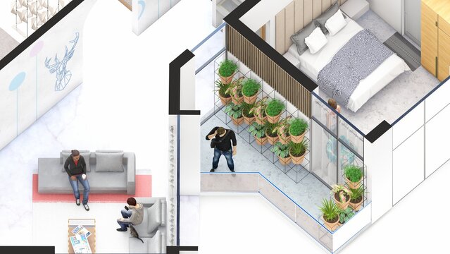 Isometric Blow up of an apartment interior with terrace bedroom and living room