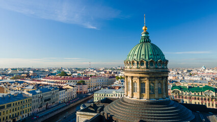 Aerial front, up view of the enter dome and colonnade of the Kazan Cathedral in the historical city...