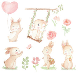 Set of watercolor cute bunnies and floral, a bunny on a swing, a bunny with a butterfly, a bunny with a basket, girls set