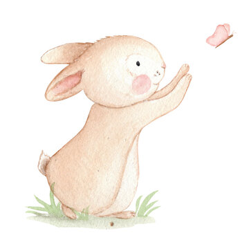 Watercolor cute bunny with a baterfly, choldren illustration