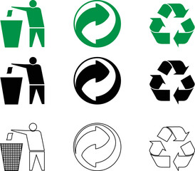 Recycle icon with different variants . Green, Black and Outlined icon with creative texture