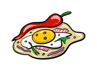 Vector Burrito with egg and chili. Mexican fast food. Food illustration in cartoon flat style.
