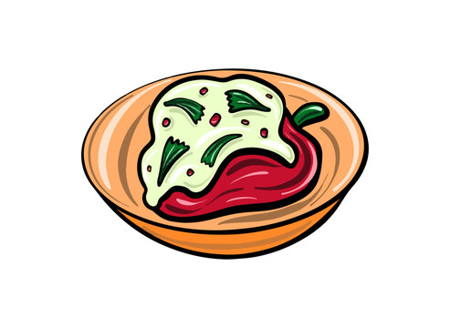 Vector Stuffed peppers with herbs and sauce. Mexican traditional cuisine. Food illustration in cartoon flat style.