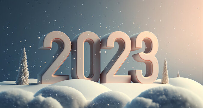 2023 3D number of new year winter theme with snow, created with generative AI.