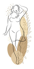 Beautiful woman silhouette and plant leaf in modern single line continuous style. The girl is overweight. The lady is standing. vector illustration.