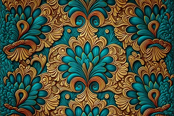 Fotobehang Gold and  blue seamless floral pattern, Generative AI © Magdalena Wojaczek