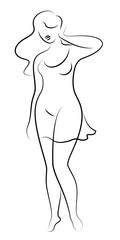Beautiful woman figure silhouette in modern single line continuous style. The girl is overweight. The lady is standing. Vector illustrations.