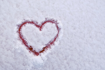 Valentine's Day, Viva Magenta painted on snowy car hood.