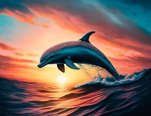 Dolphin in the ocean, Sunset, Generative AI