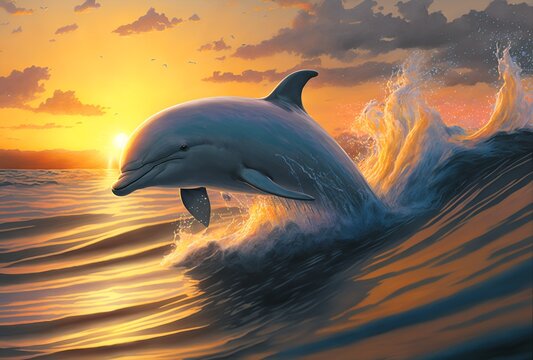 jumping dolphin in sunset