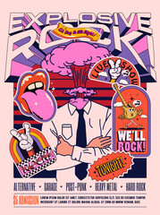 Live rock music show or concert or festival poster or flyer design template in retro style with office clerk with explosion instead his head and vintage rock party stickers. Vector illustration - obrazy, fototapety, plakaty