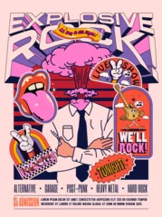 Gordijnen Live rock music show or concert or festival poster or flyer design template in retro style with office clerk with explosion instead his head and vintage rock party stickers. Vector illustration © paul_craft