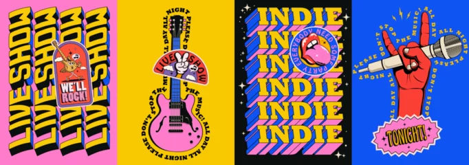 Schilderijen op glas Live indie music show or rock music concert or party poster set with electric guitar and devil horn hand gesture and bright colored typography composition. Vector illustration © paul_craft