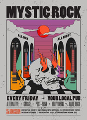 Vintage styled mystic rock music poster or flyer design template with retro psychedelic composition of skull and electric guitars and sunset for rock and roll show or live concert or performance - obrazy, fototapety, plakaty