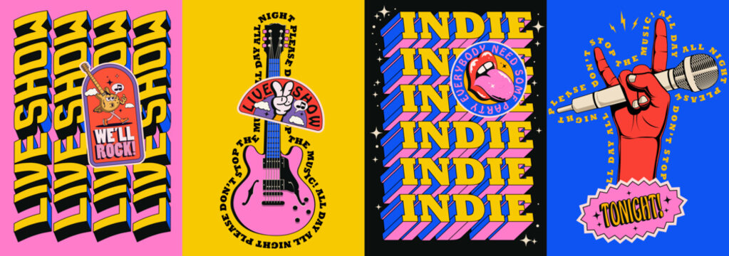 Live indie music show or rock music concert or party poster set with electric guitar and devil horn hand gesture and bright colored typography composition. Vector illustration