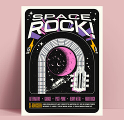 Space rock music show or party or concert or musical festival flyer or poster design template guitar neck bends around the moon