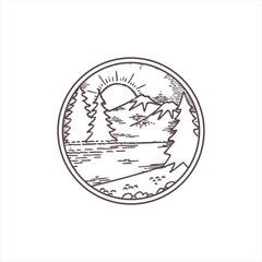 Sun and Mountain illustration or monoline vintage badge design
