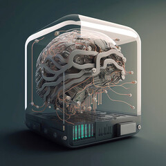 Concept image of AI brain with neurons inside hermetic glass storage
