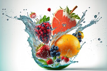 Fresh fruits,  splashes of water. 