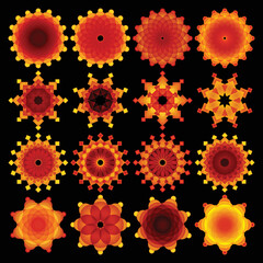Fototapeta na wymiar Set of 16 abstract yellow, orange and red blended round and rectangle shape star logos on black background