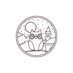 Owl and moon illustration or monoline vintage badge design