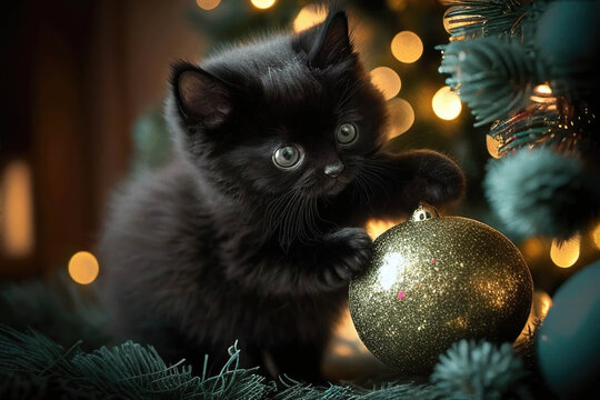 Cute little black kitten playing with a glittering Christmas ball near the Christmas tree, Christmas lights background, AI generated image
