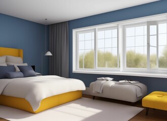 3D rendering, clean and tidy bedroom design with large window