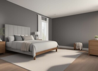 Corner of modern master bedroom with grey walls, wooden floor and comfortable king size bed. 3d rendering