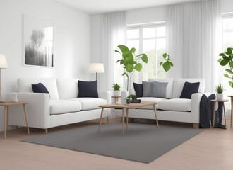 Front view on bright studio room interior with coffee table, sofa, carpet, concrete floor, panoramic window with city view Concept of minimalist design. 3d rendering